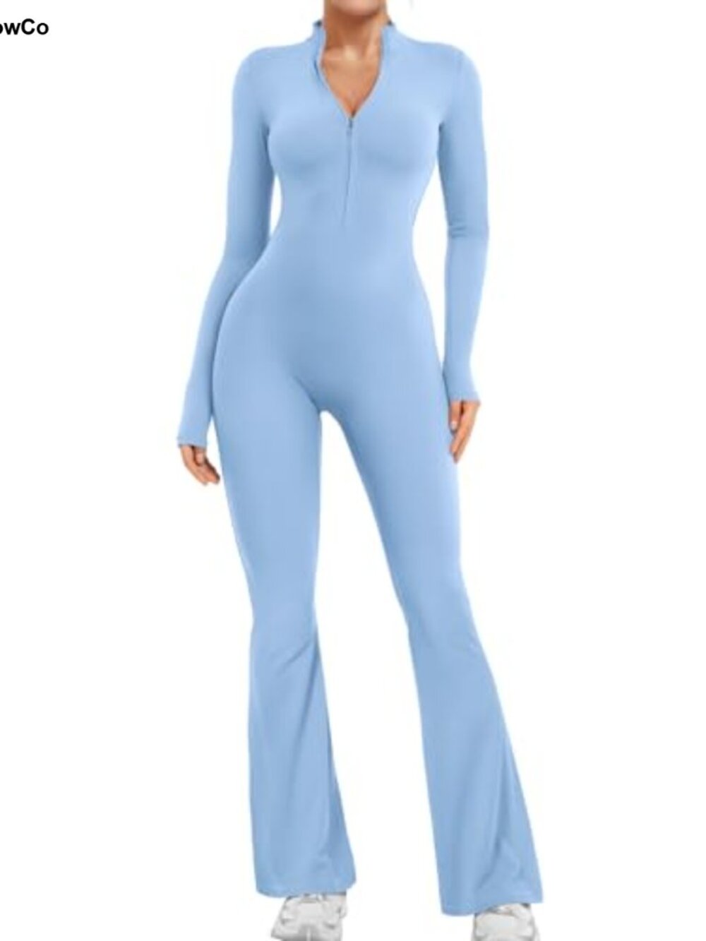 Nylon Spandex Long Sleeve Flare Jumpsuit Zip Up Wide Leg Romper Bodysuit